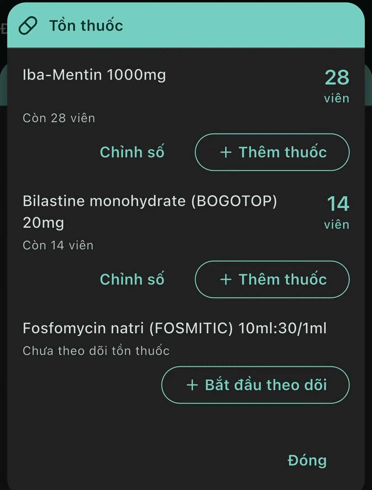 Màn hình 'Tồn thuốc' trong Thuốc ơi hiển thị số viên còn lại của từng loại thuốc, có nút Thêm thuốc/Bắt đầu theo dõi