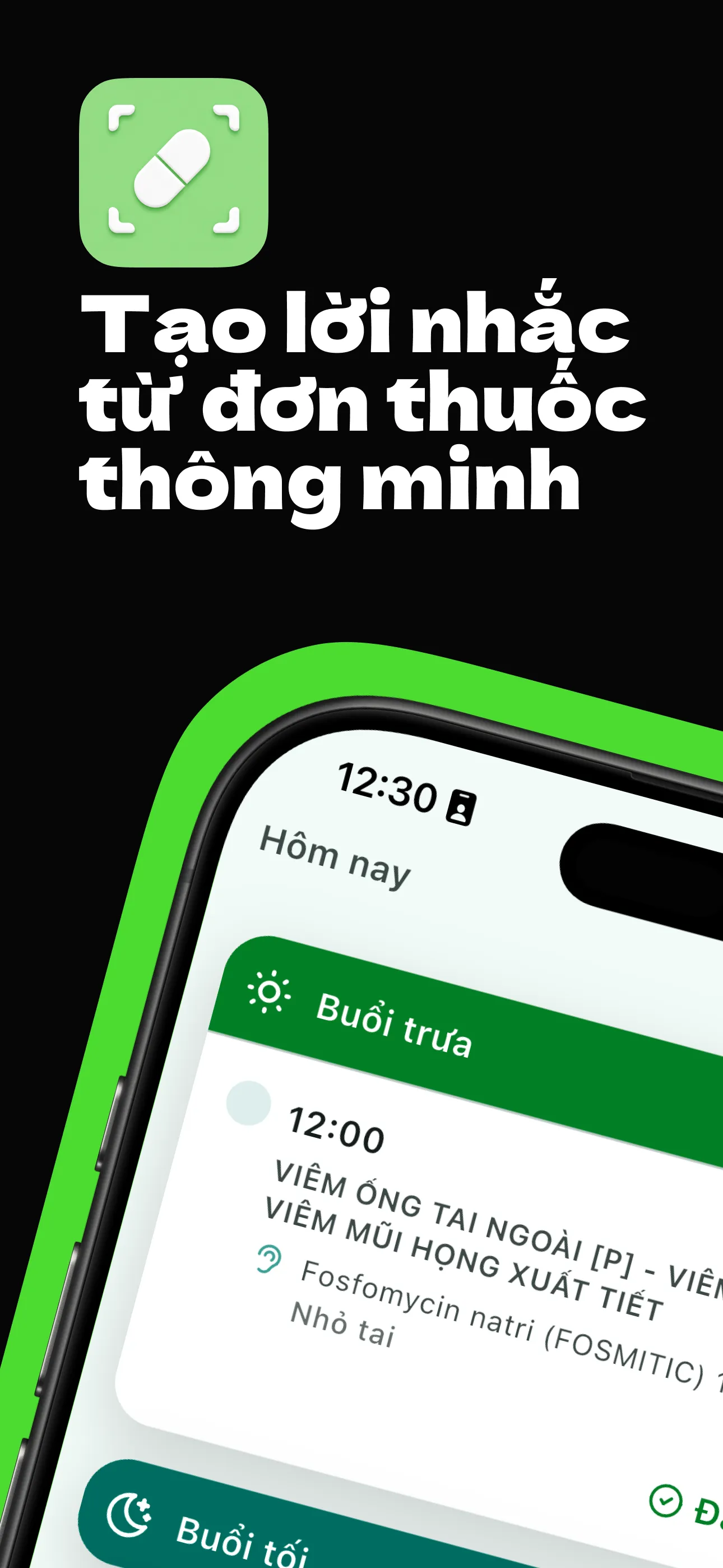 Màn hình lời nhắc buổi trưa của ứng dụng Thuốc ơi, hiển thị tên thuốc và cách dùng đọc được từ đơn