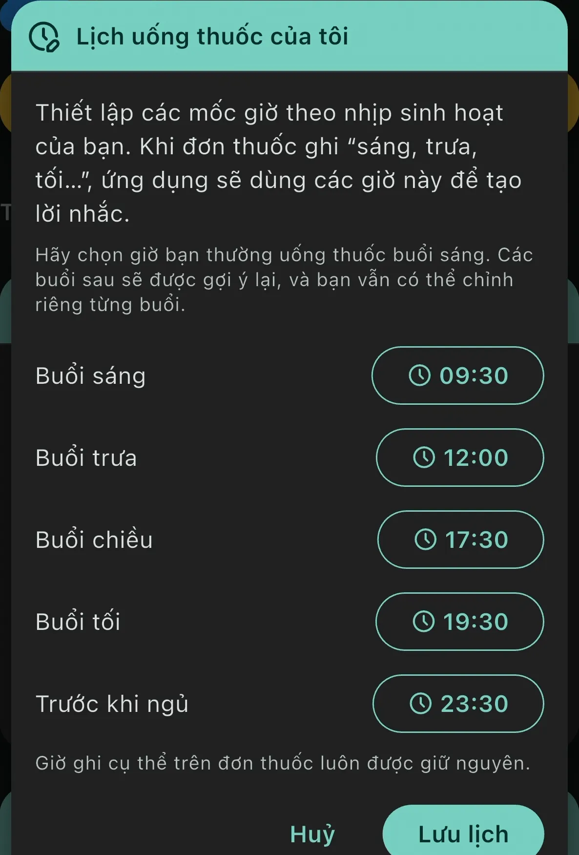 Màn hình 'Lịch uống thuốc của tôi' trong Thuốc ơi, thiết lập giờ Buổi sáng, trưa, chiều, tối và trước khi ngủ theo nhịp sinh hoạt cá nhân