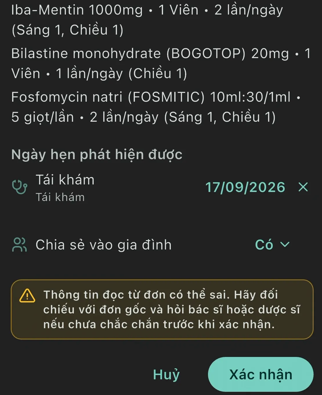 Màn hình xác nhận sau khi AI đọc đơn thuốc trong Thuốc ơi, hiển thị danh sách thuốc, ngày tái khám và cảnh báo đối chiếu với đơn gốc trước khi xác nhận